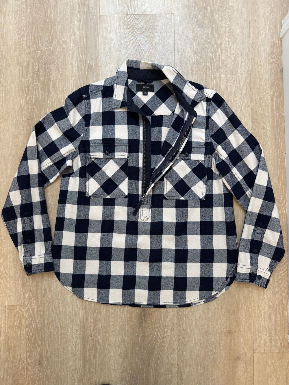 J.Crew Wool Blend Buffalo Check 1/2 Zip Popover Shirt Jacket M Plaid Shacket NVY